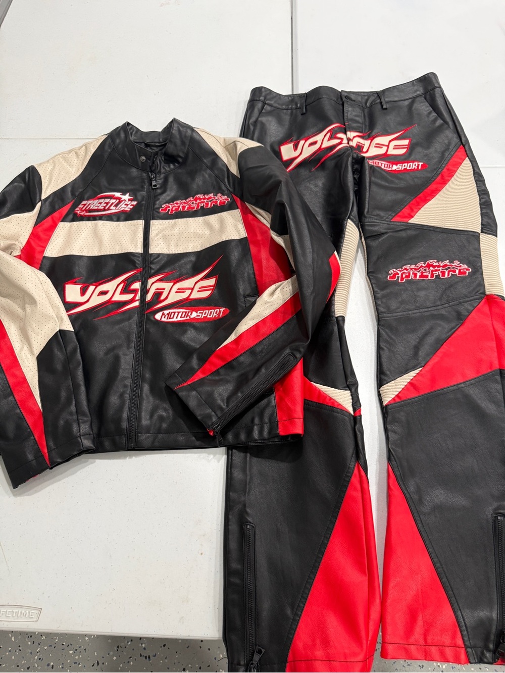 Fashion Nova Men’s Black, Red & Cream Motorsports Leather Jumpsuit